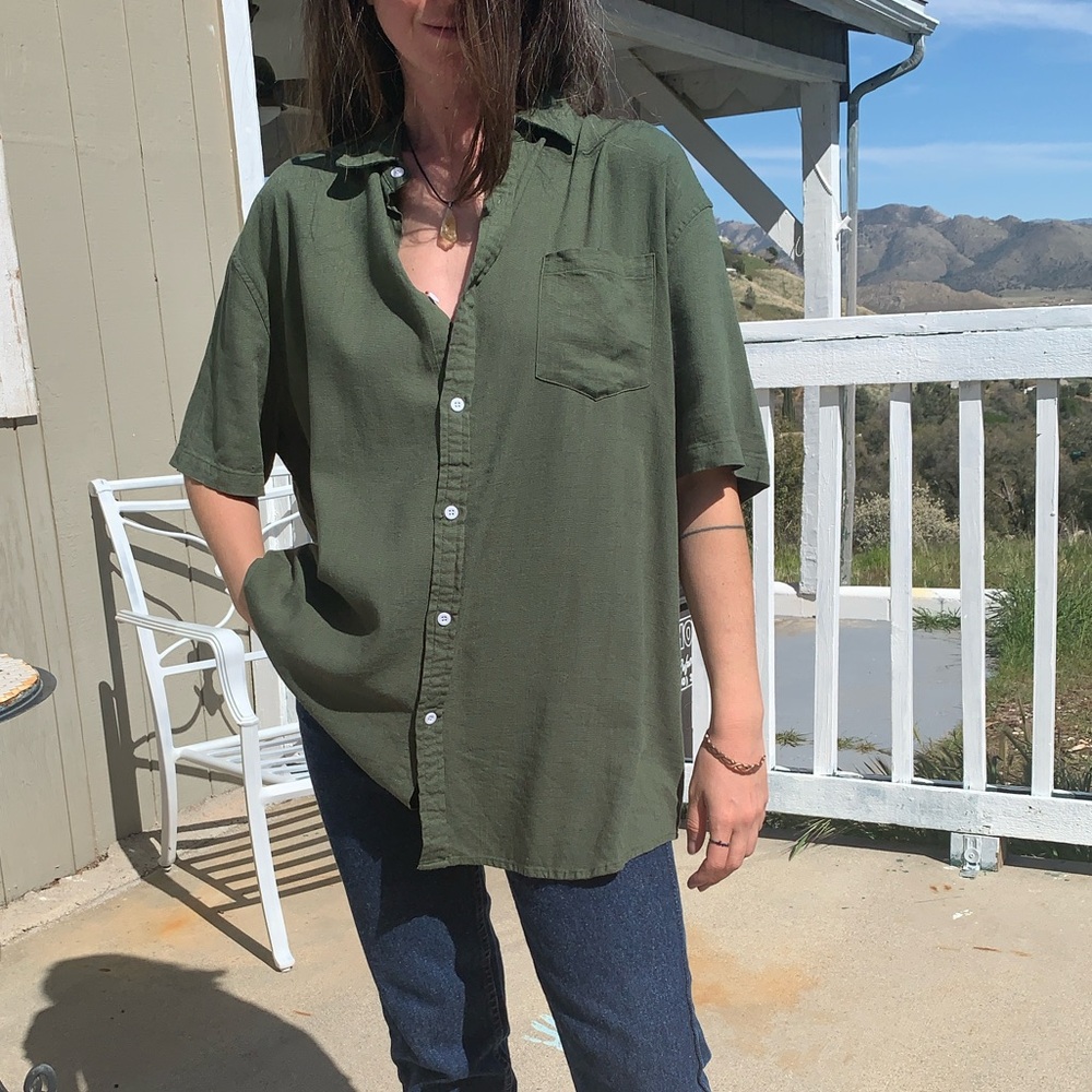 CooFandy Men's Rayon Linen button down green Shirt